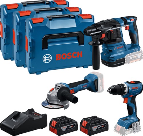 Bosch blauw accutoolkit 3 toolkit 18v (2x gba 18v 5.0ah, lader gal 18v-40, gsr 18v-65, gbh 18v-22, gws 18v-8) - 0615a5009g