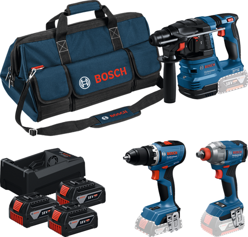 Bosch blauw bosch professional 18v toolkit - gereedschap combiset - gsr 18v-65 + gdx 18v-285 + gbh 18v-22 + 3x gba 5.0ah 18v accu + gal 12v-18v-80