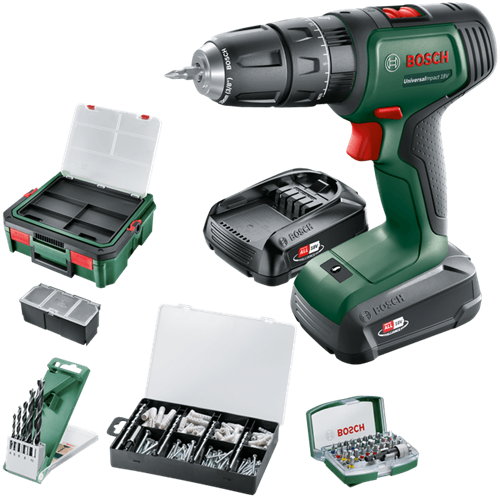 Bosch groen universalimpact 18v | accuklopboorschroevendraaier | 1.5 ah + 2.5 ah accu + lader | + systembox en accessoires 06039d4107