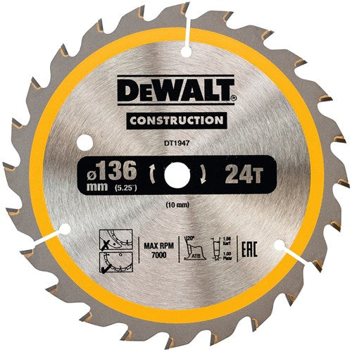 Dewalt accessoires cirkelzaagblad 136x10x24t, wisseltand, positief 20°, kerf 1,6mm - dt1947-qz
