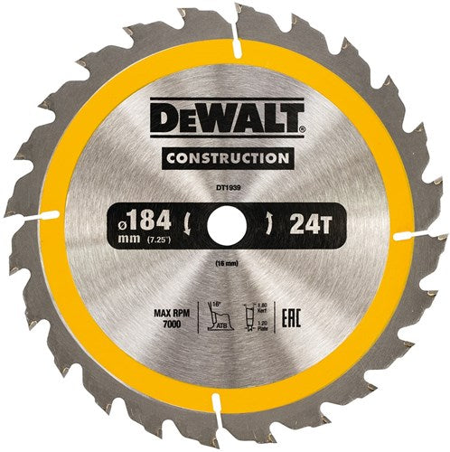 Dewalt dt1939-qz - tarcza constructie - 184mm - 24 tanden - atb geometrie