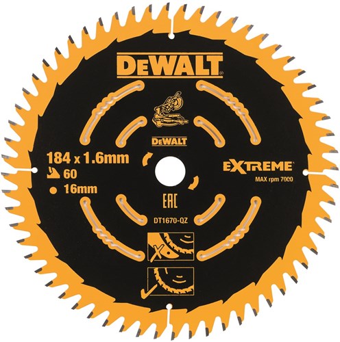 Dewalt accessoires cirkelzaagblad 184x16x60t, wisseltand, positief 7°, kerf 1,65mm - dt1670-qz