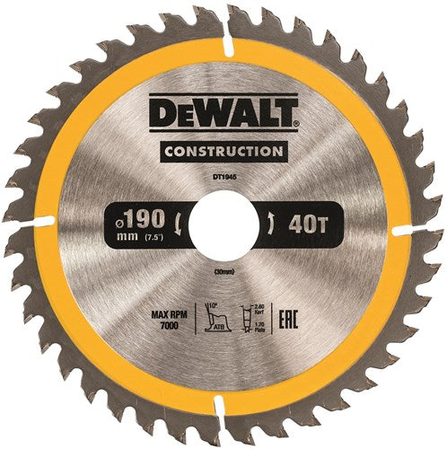 Dewalt accessoires cirkelzaagblad 190x30x40t, positief 10°, kerf 2,6mm - dt1945-qz