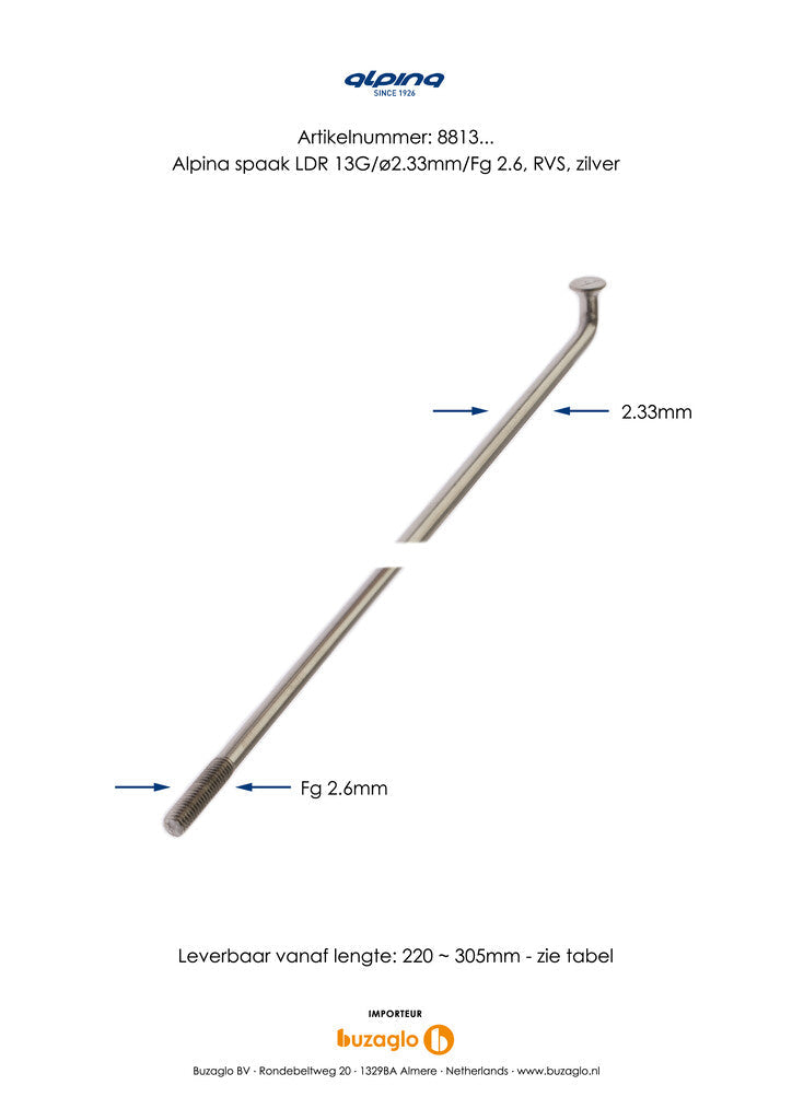 Buzaglo spaken 286-13 alpina raggi ø2.33mm fg 2,6 - rvs (144 stuks)