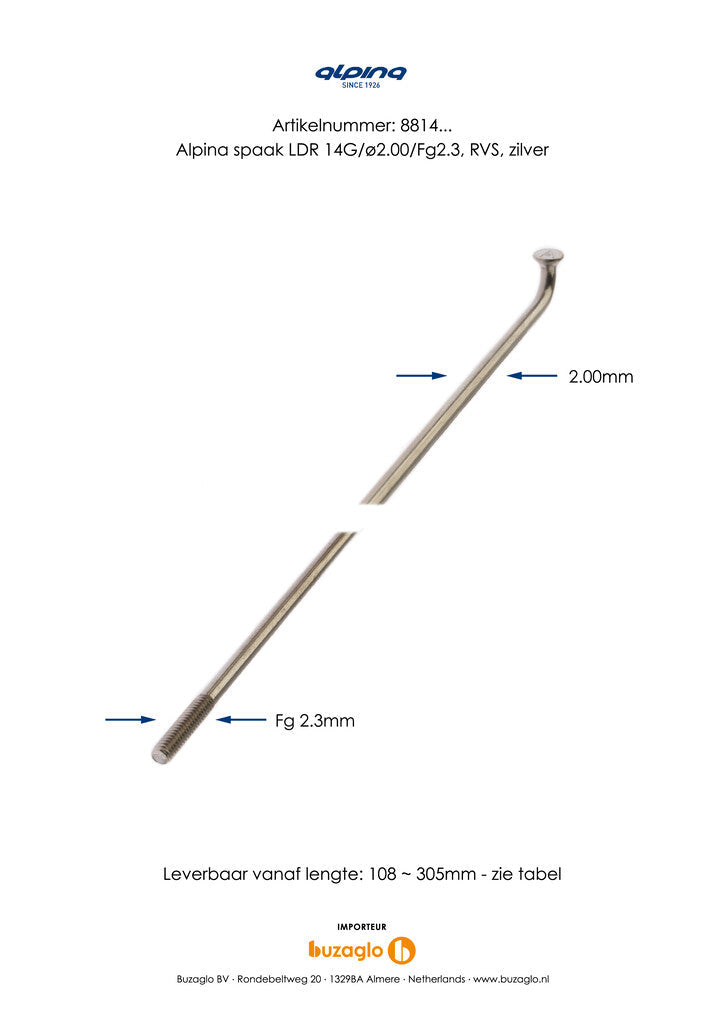 Speichen 286-14 Alpina ø2,00 mm FG 2.3 Edelstahl - silber (144 Stück) 1