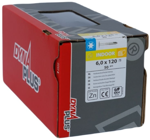 Dynaplus houtbouwschroef verzinkt tellerkop deeldraad +snijpunt torx tx30 6.0x120 70 | 50 stuks - 0286.01.50801