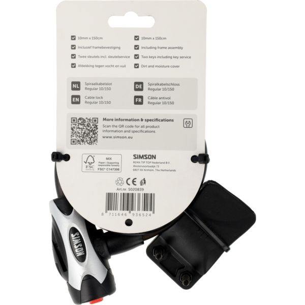 Simson spiraalkabelslot regular size xl - 10mm x 150cm
