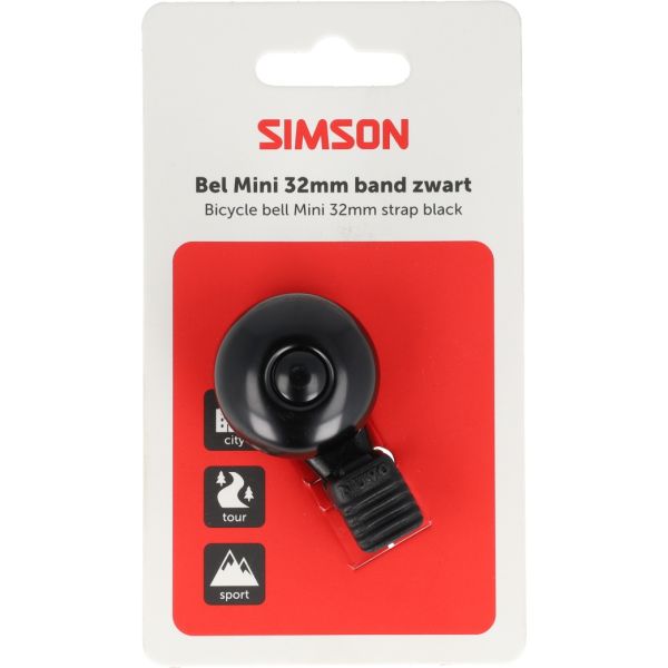 Simson Mini-Fahrradklingel mit 32-mm-Flexbandbefestigung, schwarz