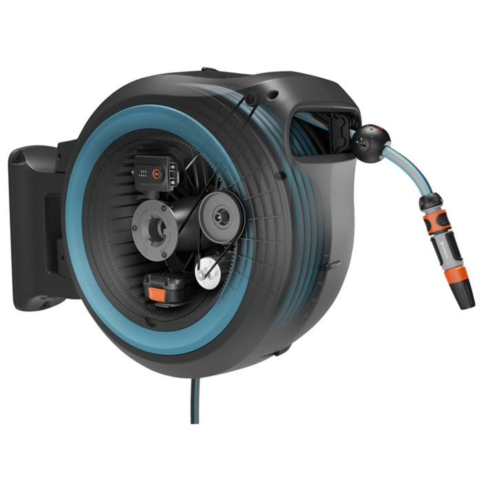 Gardena 35 m wand-slangenbox powerroll xl slanghaspel (grijs turquoise, 35 meter, accu en oplader inbegrepen, power for all alliance)