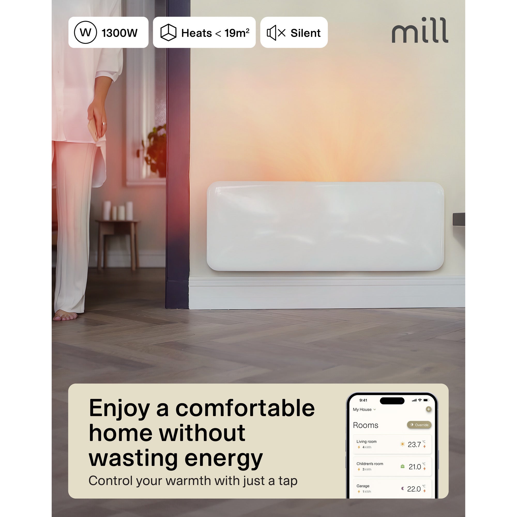 Mill steel wifi paneelverwarming pa1300wifi4, 1300 watt convector (wit, wifi 2,4 ghz (wifi 6), bluetooth 5.2, zigbee 3.0 + app)