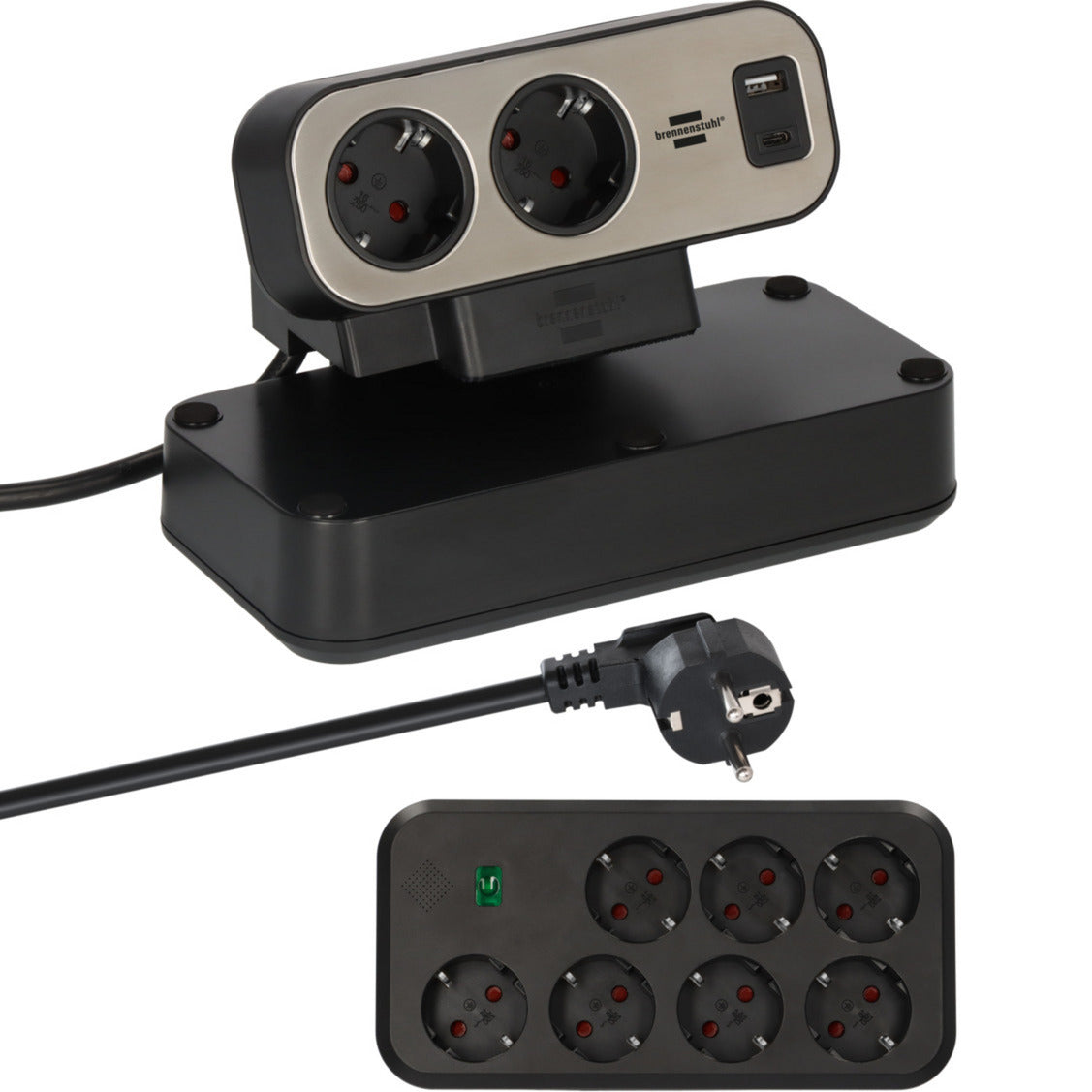 Brennenstuhl estilo duplex stekkerdoos met schakelaar en overspanningsbeveiliging stekkerdoos (zwart zilver, 1x usb c, 1x usb a)