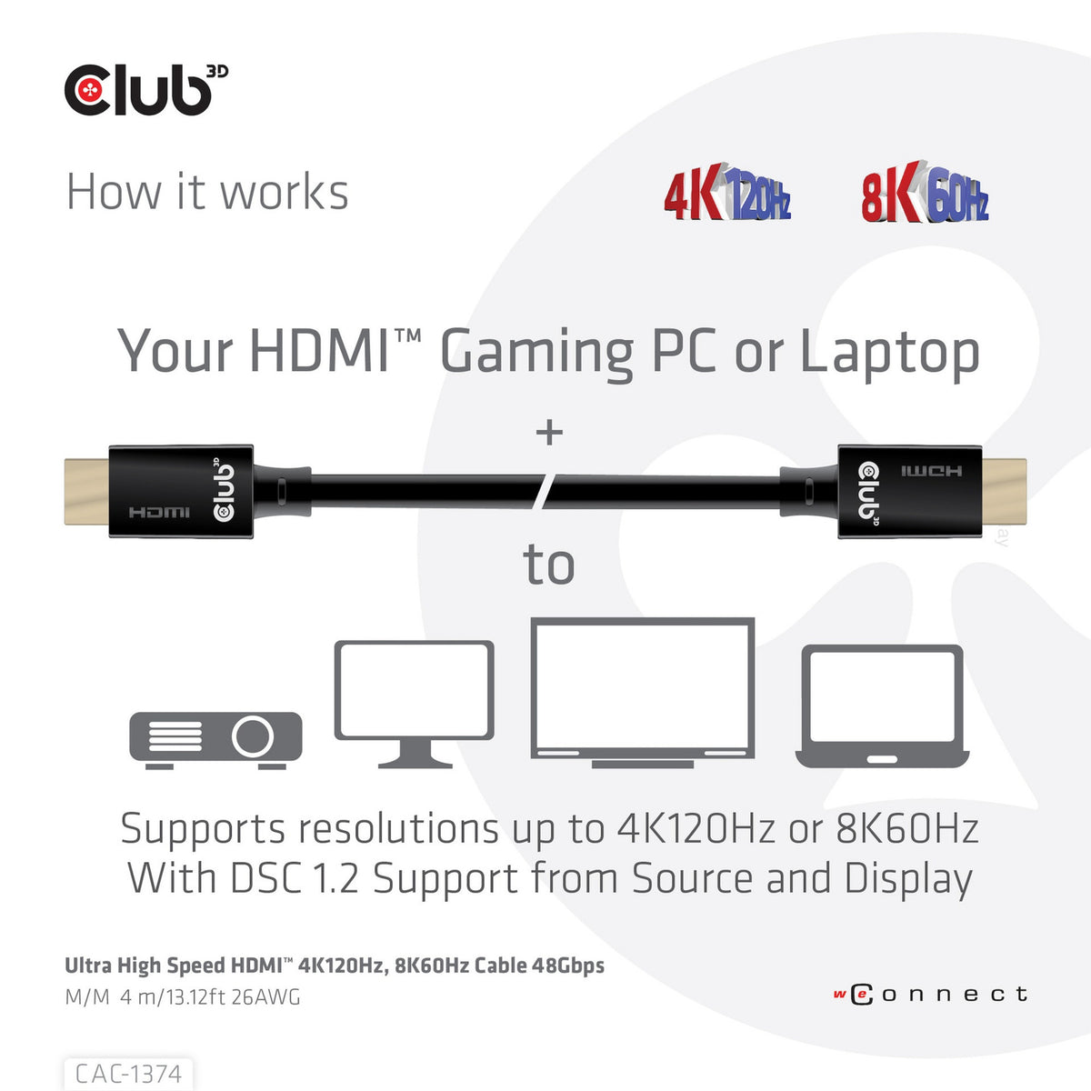 Club 3d gecertificeerde ultra high speed hdmi 2.1 kabel (zwart, 4 meter, 8k)