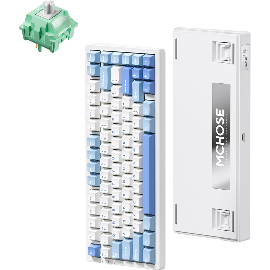 Mchose g75 pro tri-mode gasket structuur mechanisch gaming toetsenbord (blauw, us lay-out (qwerty), ktt cabbage tofu v2, 75%, rgb, hot swap, pbt double-shot, 2.4 ghz | usb-c | bluetooth)