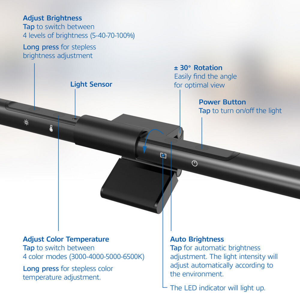 Act connectivity dimbare monitor led lichtbalk led-bar (zwart, usb-voeding, 3000k-6500k)