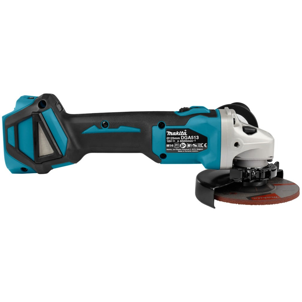 Makita 18 v haakse slijper 125 mm dga513zj (blauw zwart, accu en oplader niet inbegrepen, in mbox, met vastzetschakelaar)