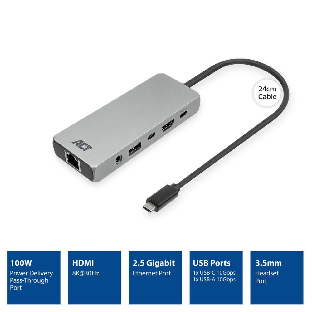 Act connectivity usb-c 4k 8k 60hz dockingstation (grijs)