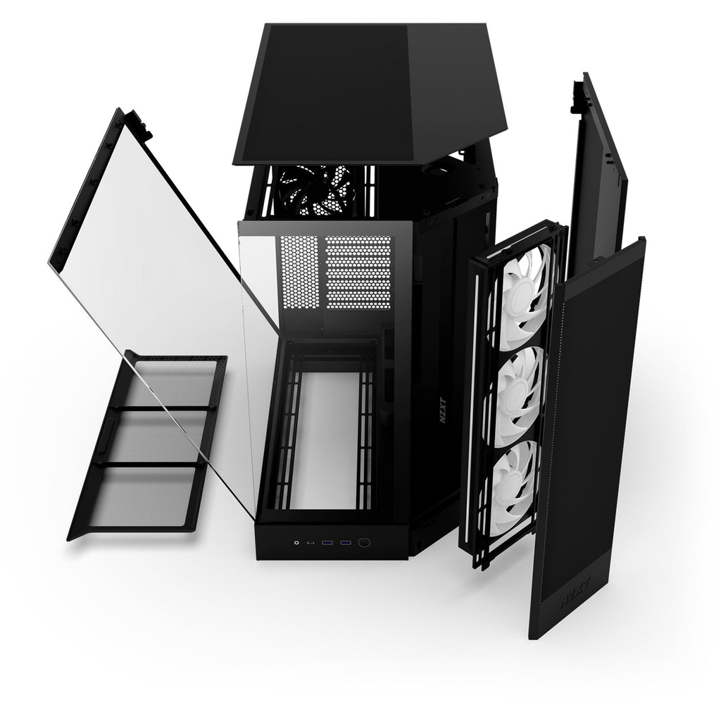 Nzxt h9 flow rgb midi tower behuizing (zwart (mat) | 2x usb-a | 1x usb-c | rgb | tempered glass)