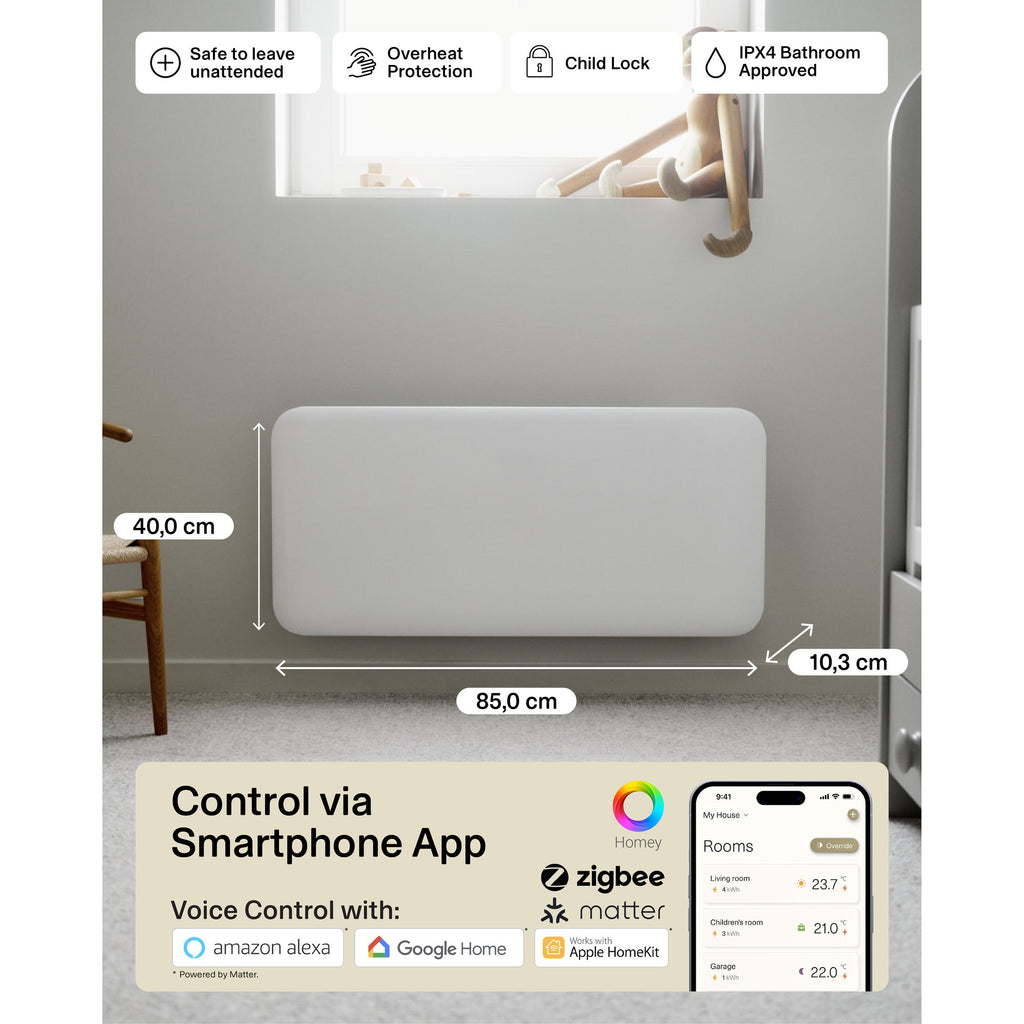 Mill steel wifi paneelverwarming pa1500wifi4a, 1500 watt convector (wit, wifi 2,4 ghz (wifi 6), bluetooth 5.2, zigbee 3.0 + app)