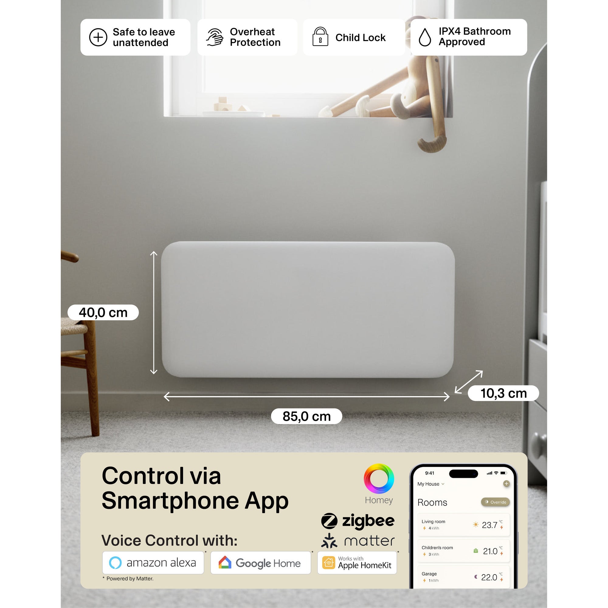 Mill steel wifi paneelverwarming pa1500wifi4a, 1500 watt convector (wit, wifi 2,4 ghz (wifi 6), bluetooth 5.2, zigbee 3.0 + app)