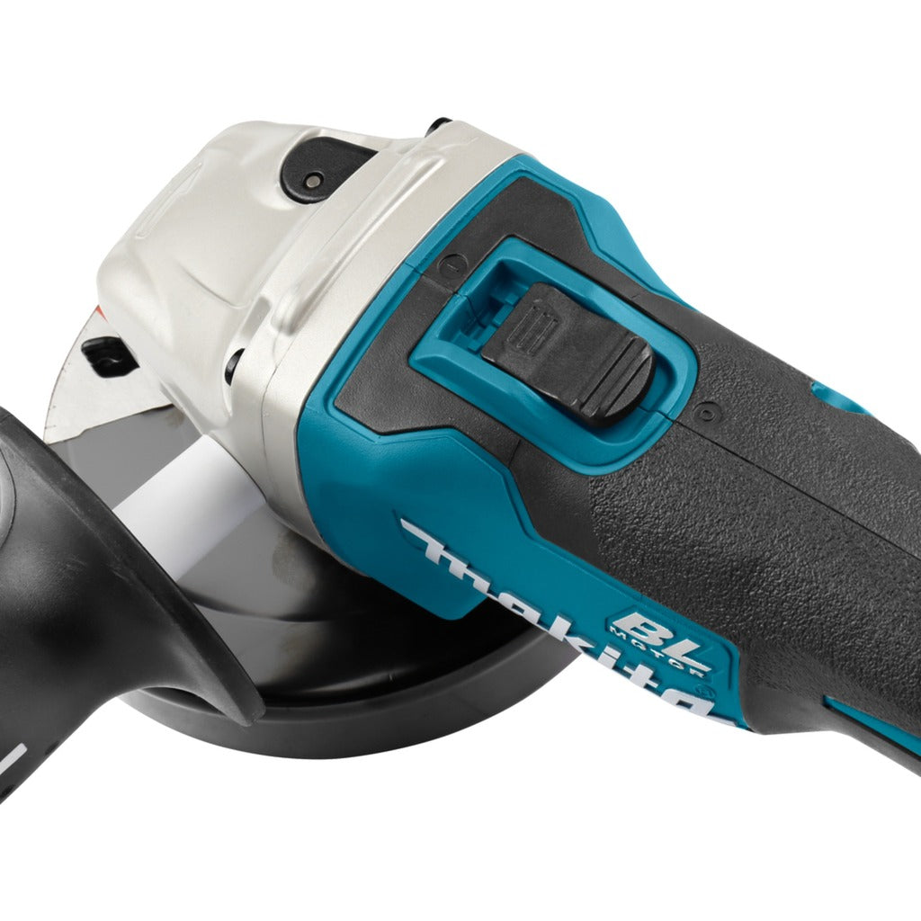 Makita 18 v haakse slijper 125 mm dga513zj (blauw zwart, accu en oplader niet inbegrepen, in mbox, met vastzetschakelaar)