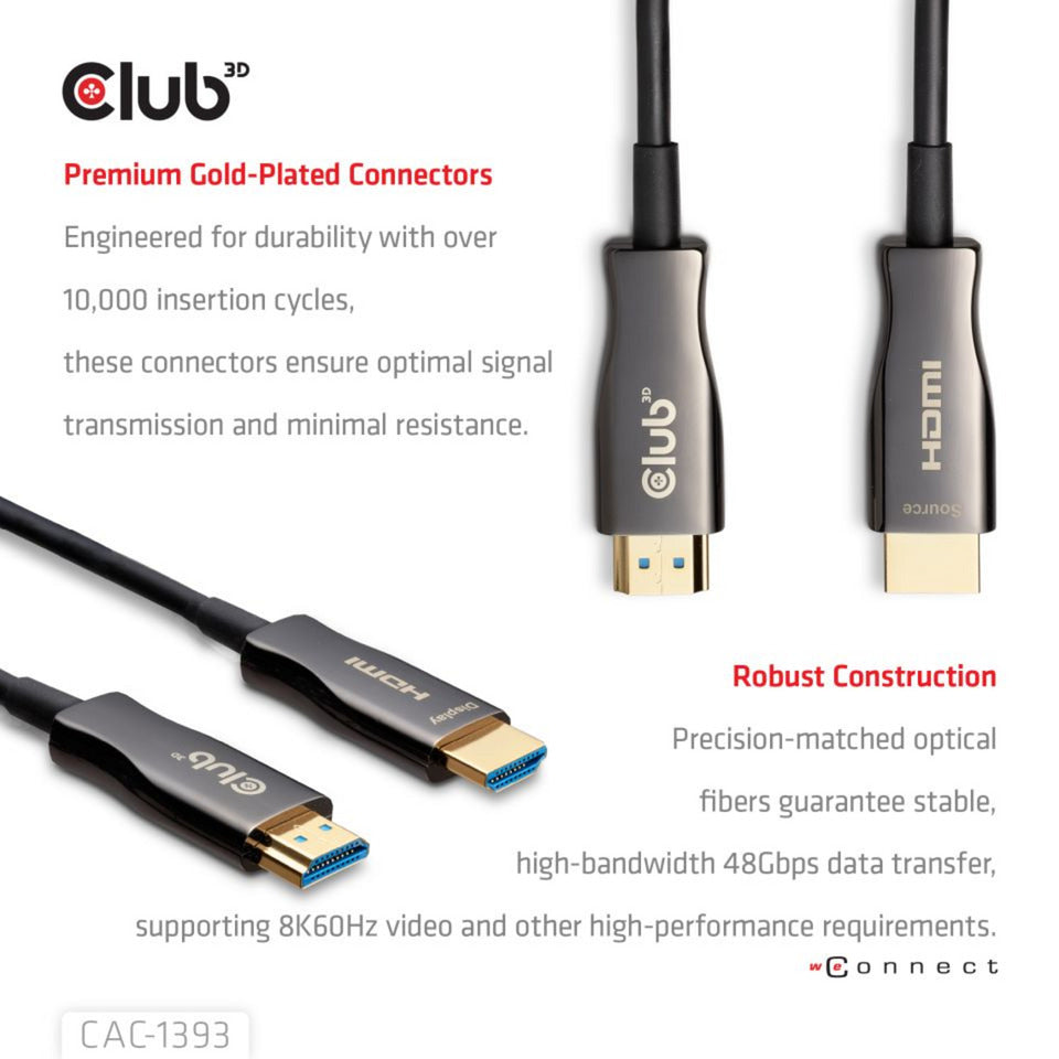 Club 3d hdmi hybrid aoc kabel 8k60hz 4k120hz 50m (zwart)