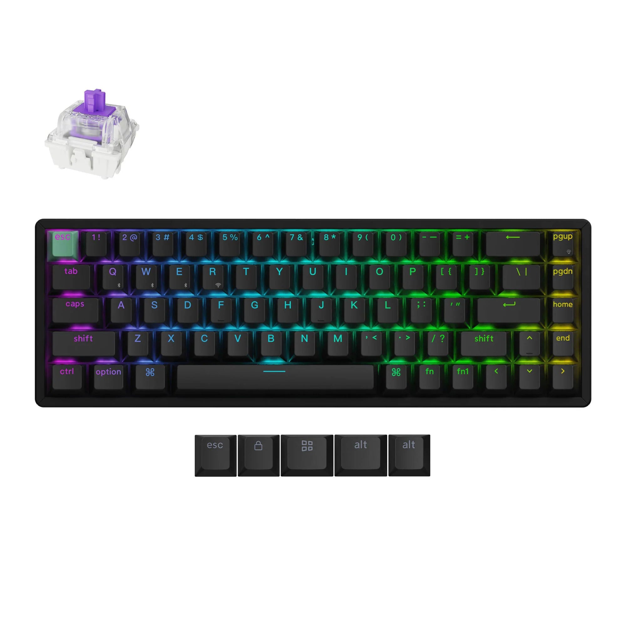 Keychron k6 he-j1, toetsenbord (zwart, us lay-out, gateron double-rail magnetic nebula, 65%, rgb leds, cherry double-shot pbt, hot swap, usb-c | 2.4 ghz | bluetooth 5.1)