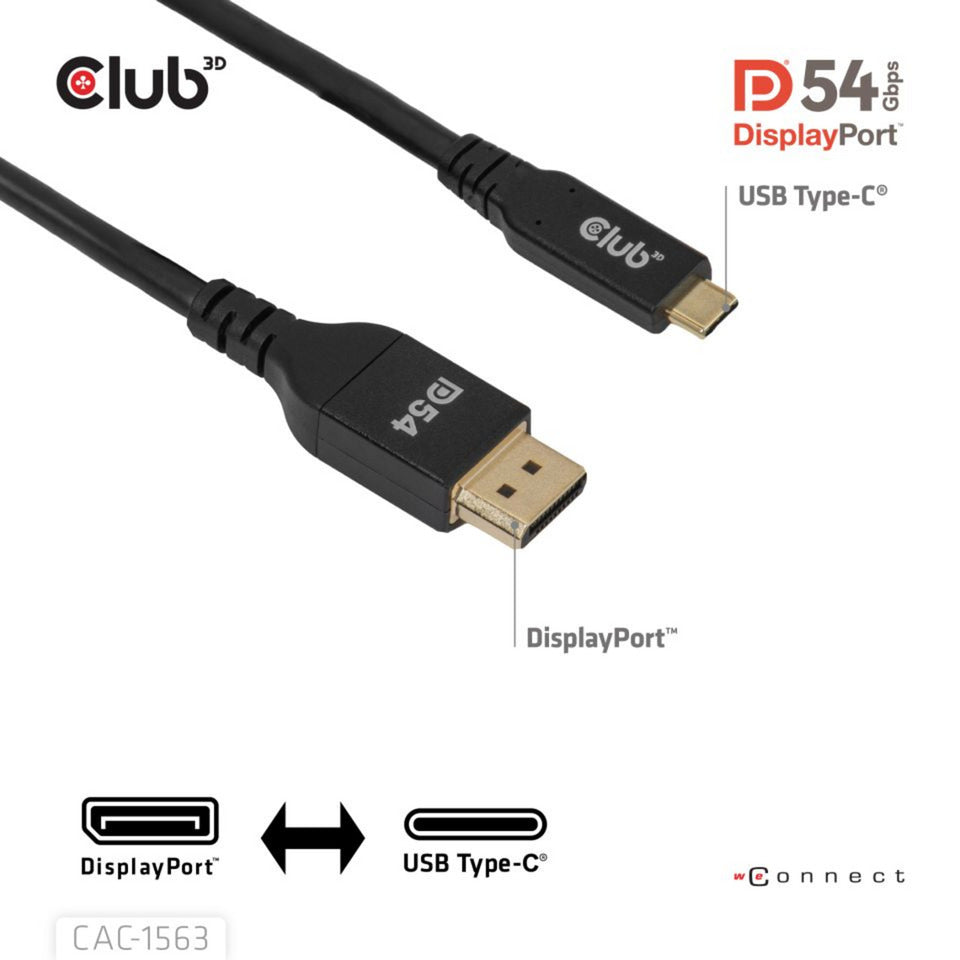 Club 3d usb-c naar displayport 2.1 dp54 bi-directioneel kabel, 8k120hz 2m (zwart)