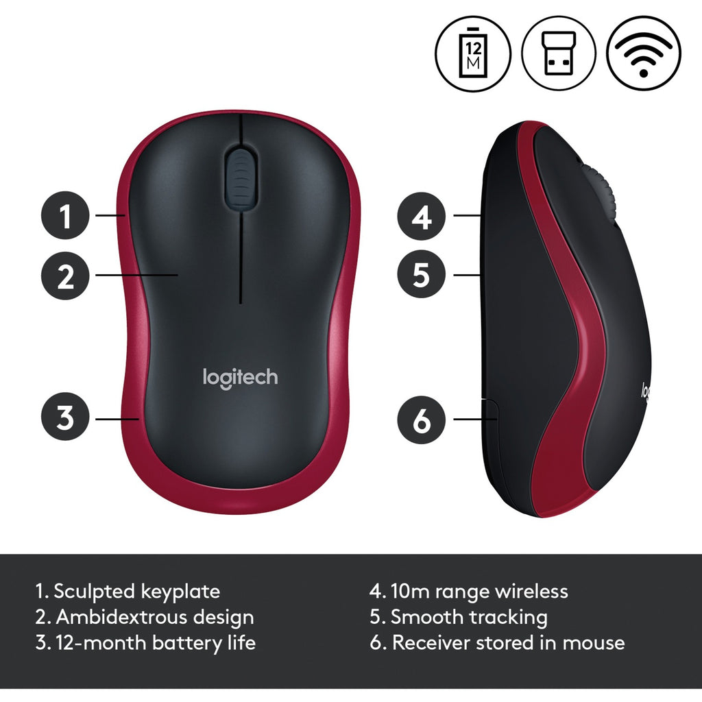 Logitech wireless mouse m185 (rood, retail)