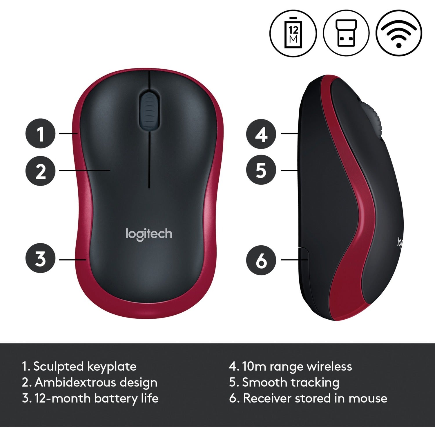 Logitech wireless mouse m185 (rood, retail)
