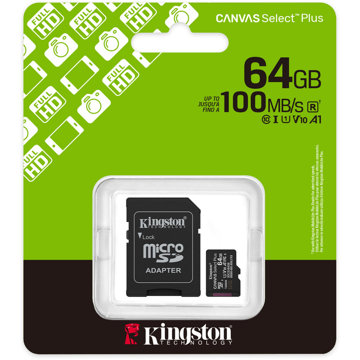 Kingston canvas select plus 64 gb microsdxc geheugenkaart (zwart, uhs-i u1, class 10, v10, incl. sd adapter)
