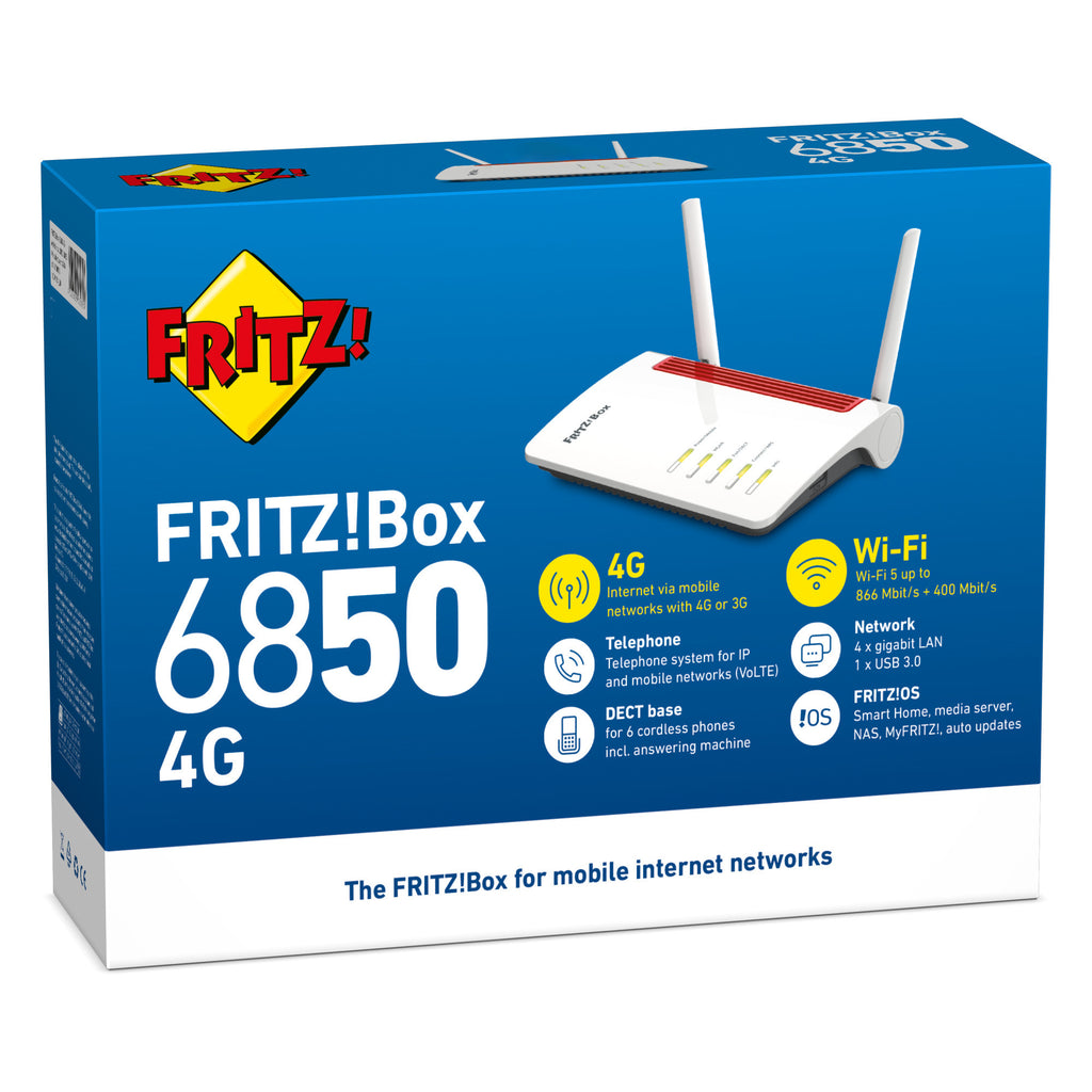 Fritz! box 6850 4g edition international router (wit rood, mesh wi-fi, 4g 3g)