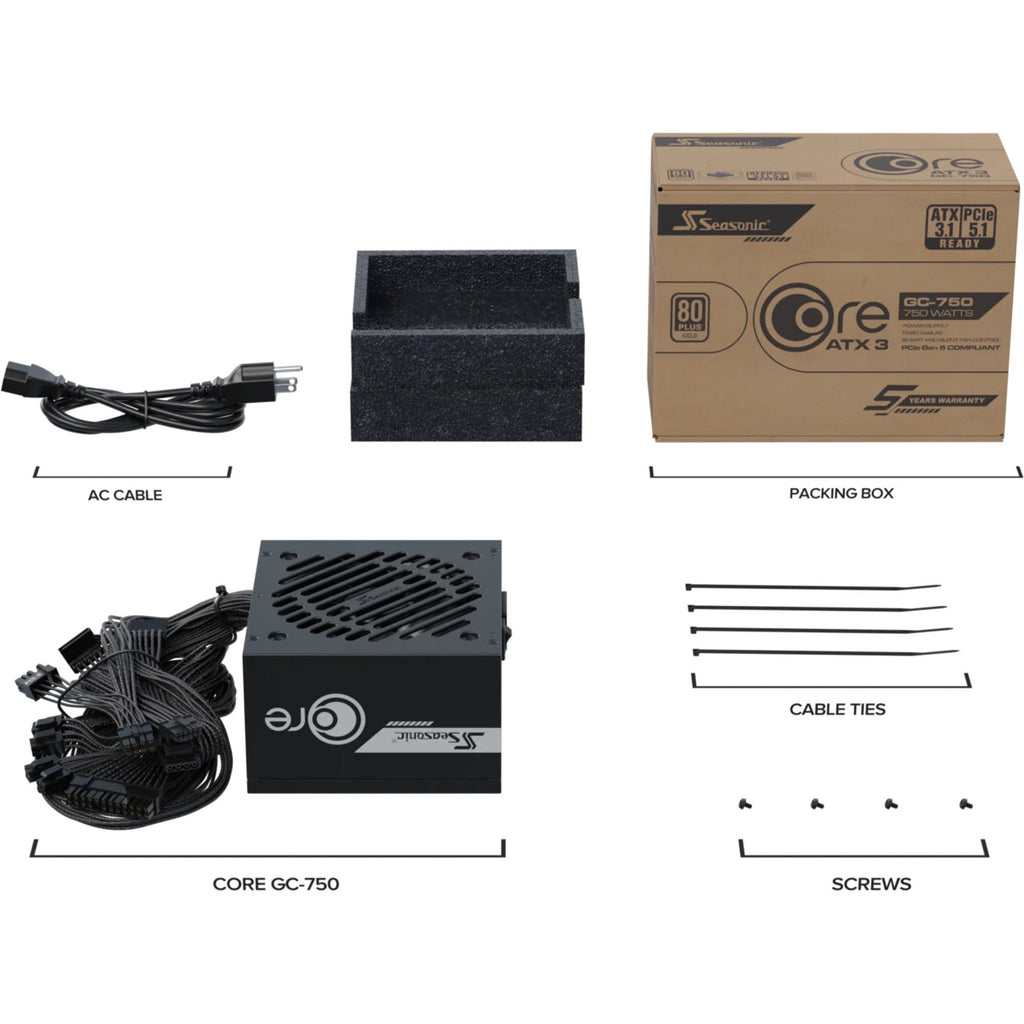 Seasonic core gc-750 atx 3.1 750 watt voeding (zwart, 1x 12v-2x6, 2x pcie)