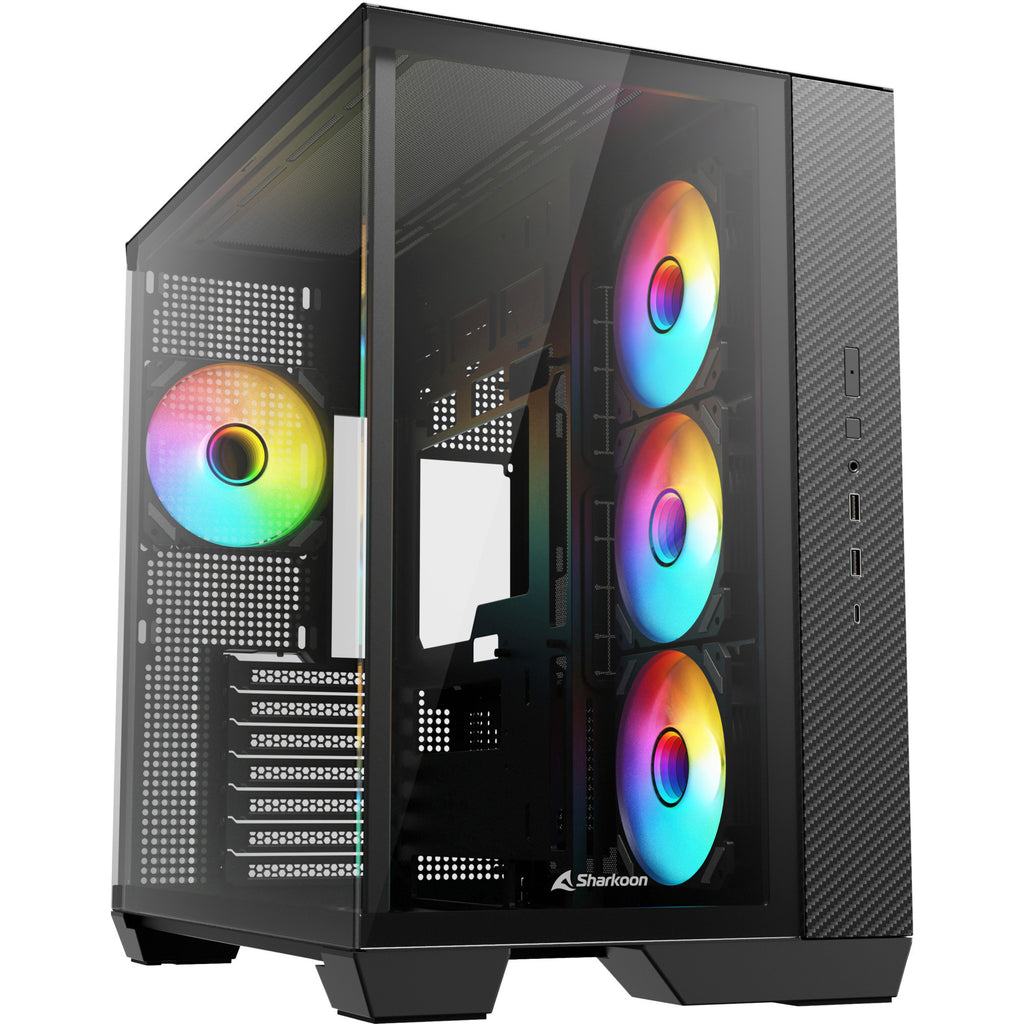 Sharkoon steel shark midi tower behuizing (zwart | 2x usb-a | 1x usb-c | rgb | tempered glass)
