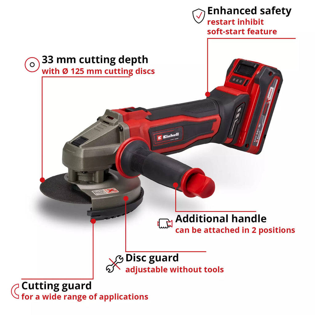 Einhell accu haakse sliijper te-ag 18 125-2 li (1x4,0 ah) haakse slijper (rood zwart, incl. 4.0 ah power x-change accu en oplader)