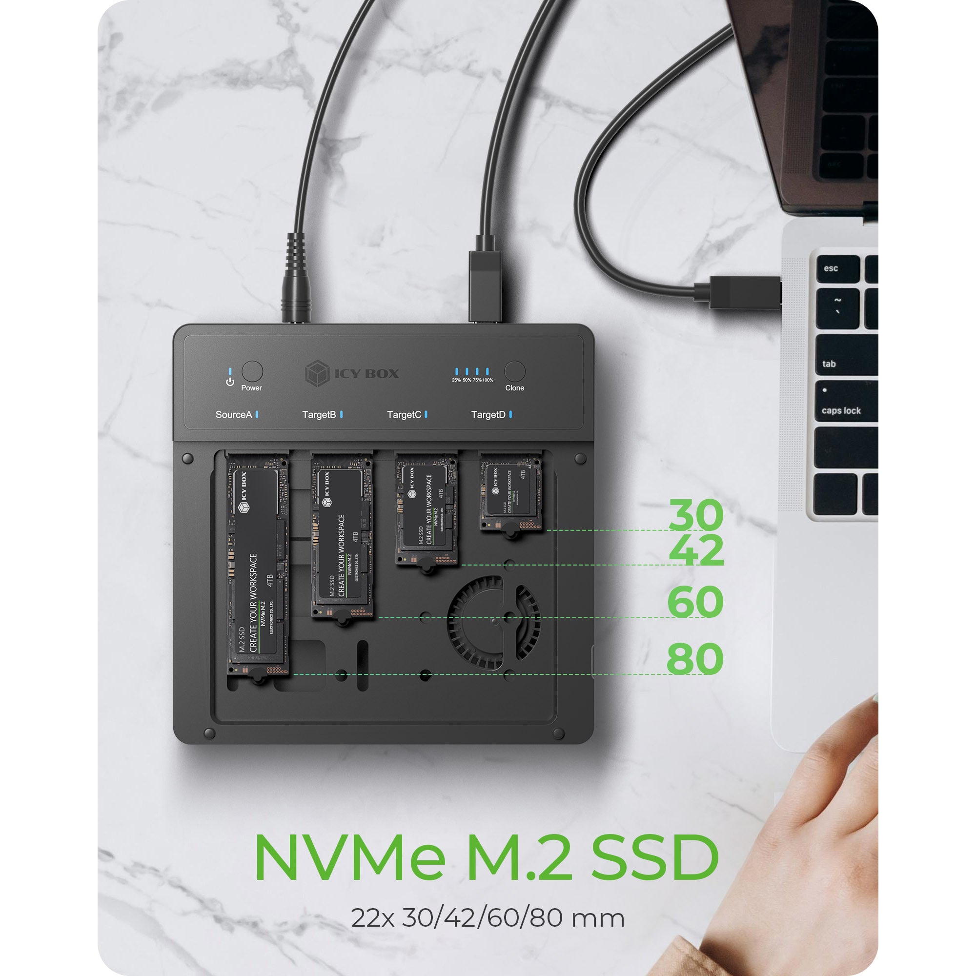 Icy box ib-4013mcl-c4 4-bays usb4® duplicator (1:3 klonen) dockingstation (zwart)