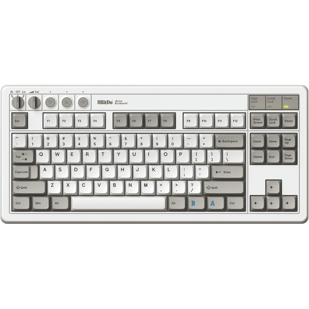 8bitdo retro mechanical keyboard m edition, gaming toetsenbord (grijs donkerrood, us lay-out, kailh box white, tkl, bluetooth low energy, wireless 2.4g, usb)