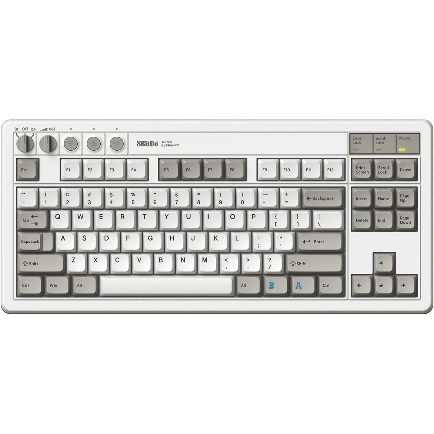 8bitdo retro mechanical keyboard m edition, gaming toetsenbord (grijs donkerrood, us lay-out, kailh box white, tkl, bluetooth low energy, wireless 2.4g, usb)