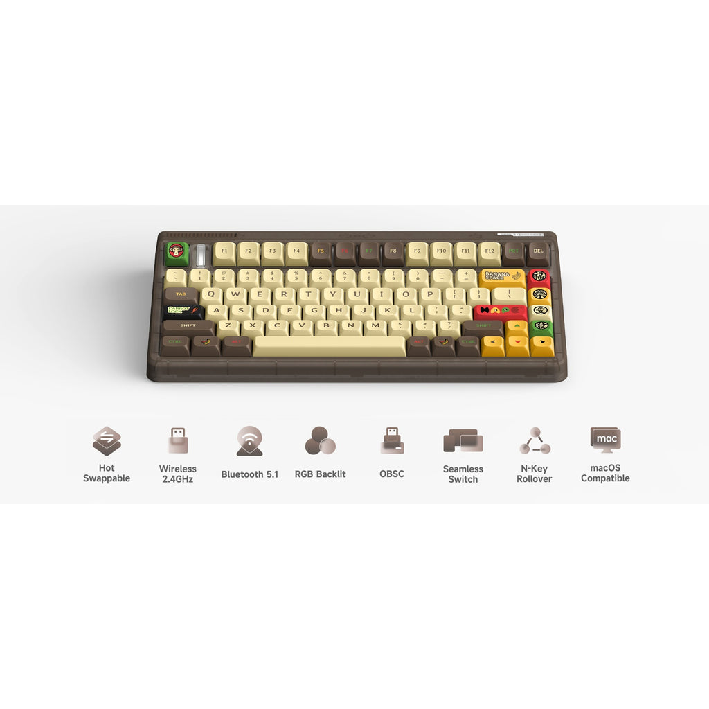 Iqunix og80 happy ape wireless mechanical keyboard (zwart, us lay-out (qwerty), iqunix moonstone turbo, 80% (tkl), rgb leds, hot-swappable, pbt, 2.4ghz | bluetooth 5.1 | usb-c)