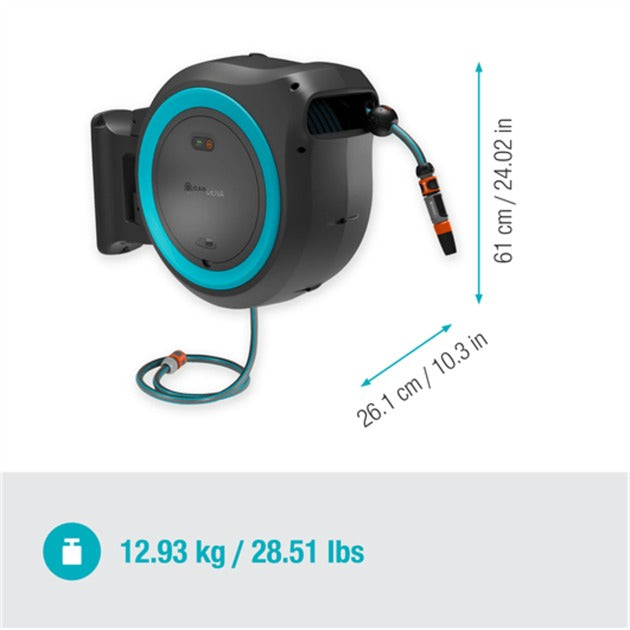 Gardena 40 m wand-slangenbox powerroll xxl slanghaspel (grijs turquoise, 40 meter, accu en oplader niet inbegrepen, power for all alliance, )