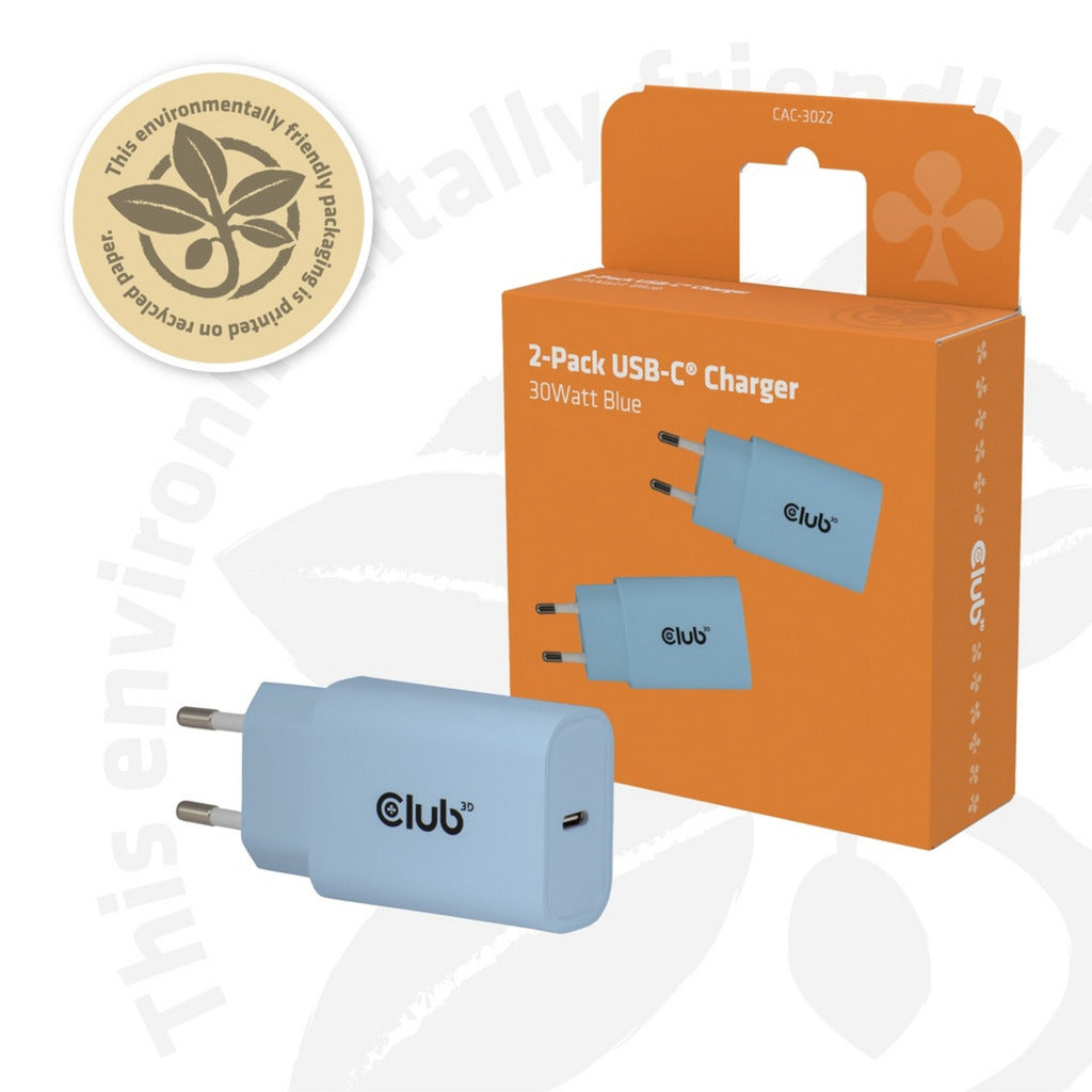 Club 3d 2-pack usb c charger 30 watt (blauw)