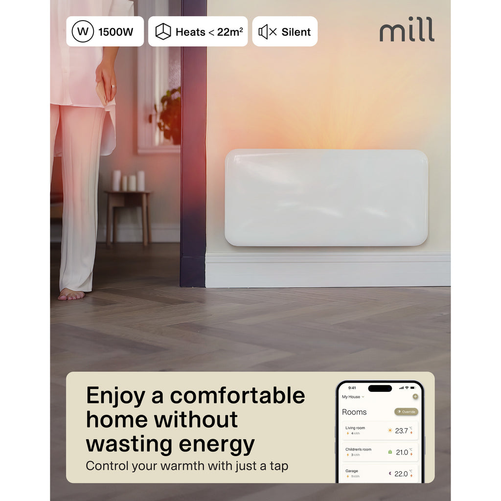 Mill steel wifi paneelverwarming pa1500wifi4a, 1500 watt convector (wit, wifi 2,4 ghz (wifi 6), bluetooth 5.2, zigbee 3.0 + app)