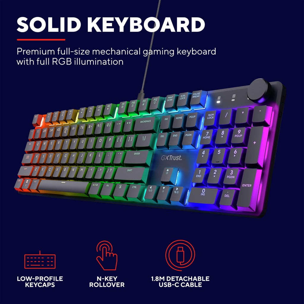 Trust gxt 866 torix hoogwaardig mechanisch gaming-toetsenbord, gaming toetsenbord (zwart, us lay-out, huano red, rgb)