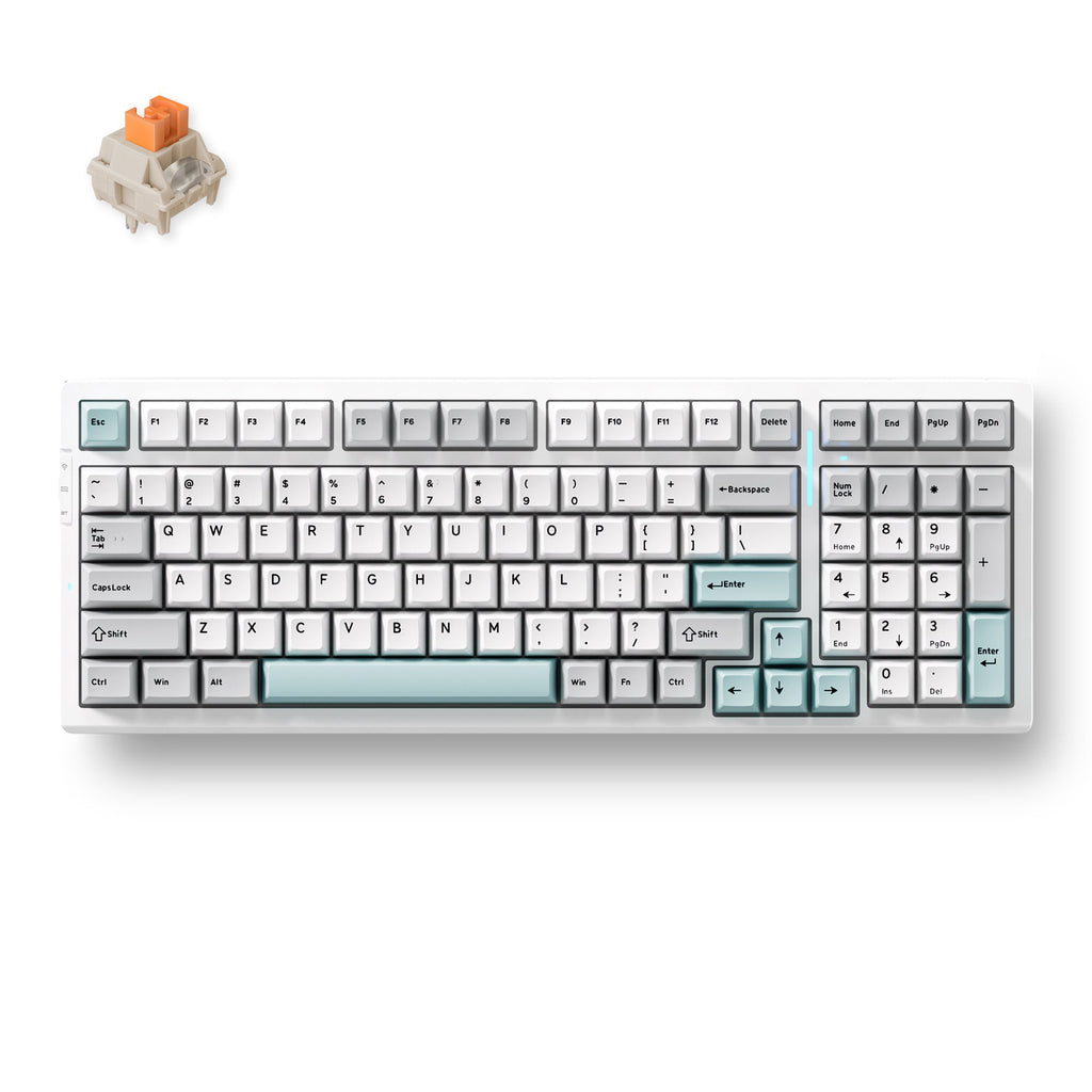 Mchose g98 pro gray blue flame orange wireless tri-mode custom mechanical, gaming toetsenbord (grijs blauw, us lay-out, ttc flame orange, 98%, rgb, hot swap, double-shot pbt, draadloos bluetooth usb-c)