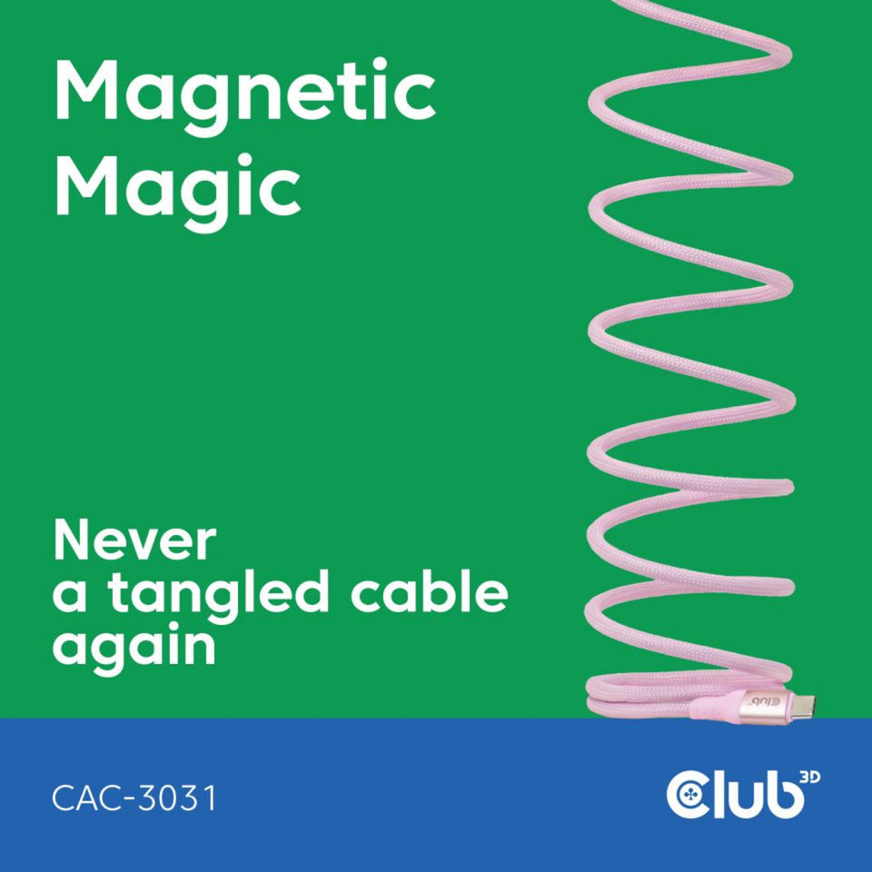 Club 3d usb-c magnetic-coil 240w pd3.1 pink cable, 2 meter kabel (roze)