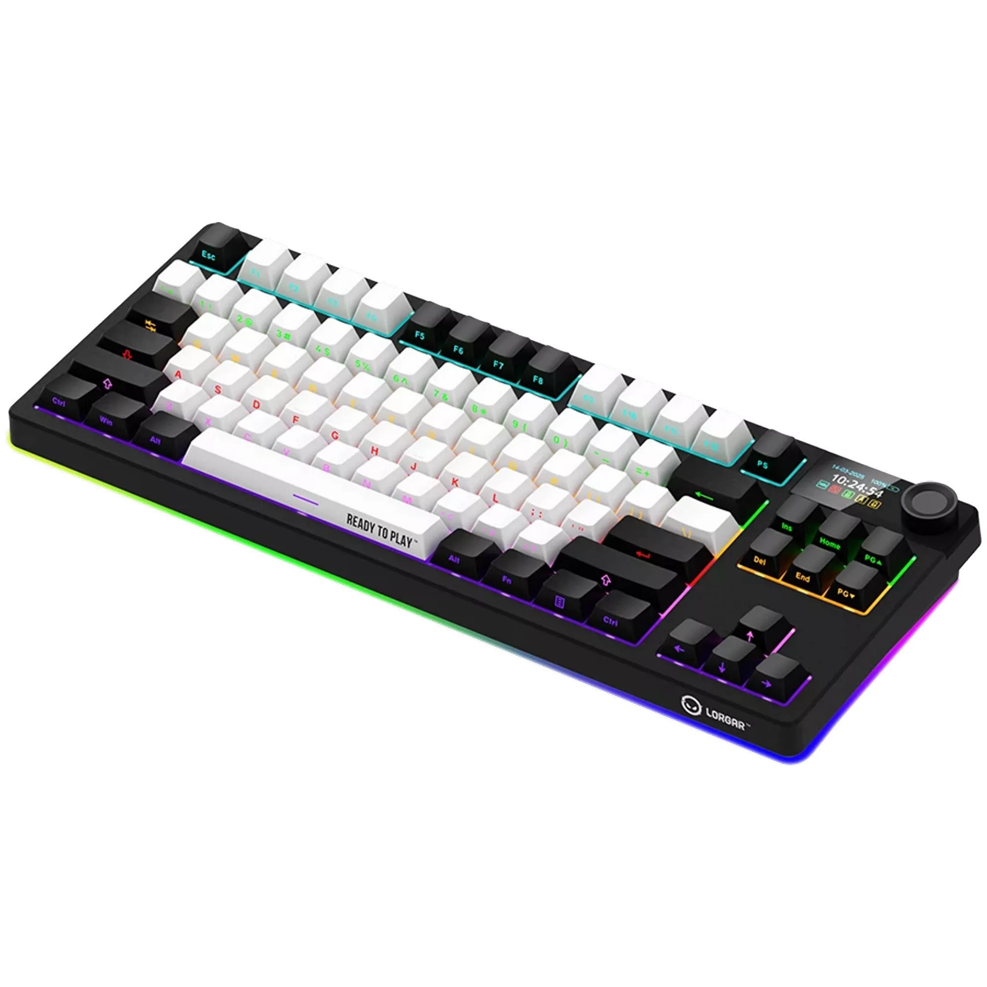 Lorgar kbp70tklw rgb mechanisch gaming toetsenbord (zwart, us lay-out (qwerty), logar toxic purple, 80% (tkl), rgb, hot-swappable, pbt double-shot, bluetooth | 2.4ghz | usb)
