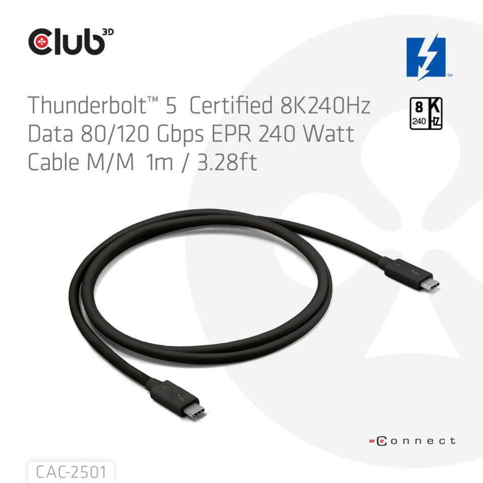 Club 3d thunderbolt 5 gecertificeerde 8k240hz kabel (zwart, data 80 120 gbps, epr 240 watt,1 meter)