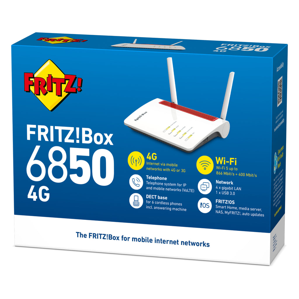 Fritz! box 6850 4g edition international router (wit rood, mesh wi-fi, 4g 3g)