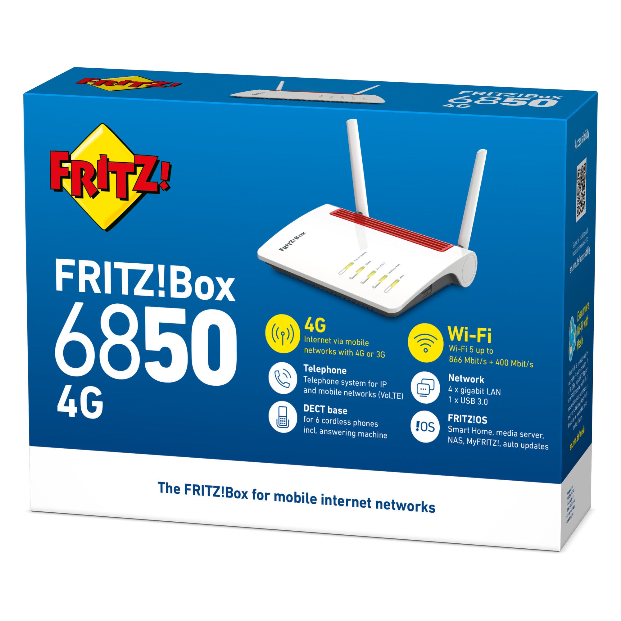 Fritz! box 6850 4g edition international router (wit rood, mesh wi-fi, 4g 3g)
