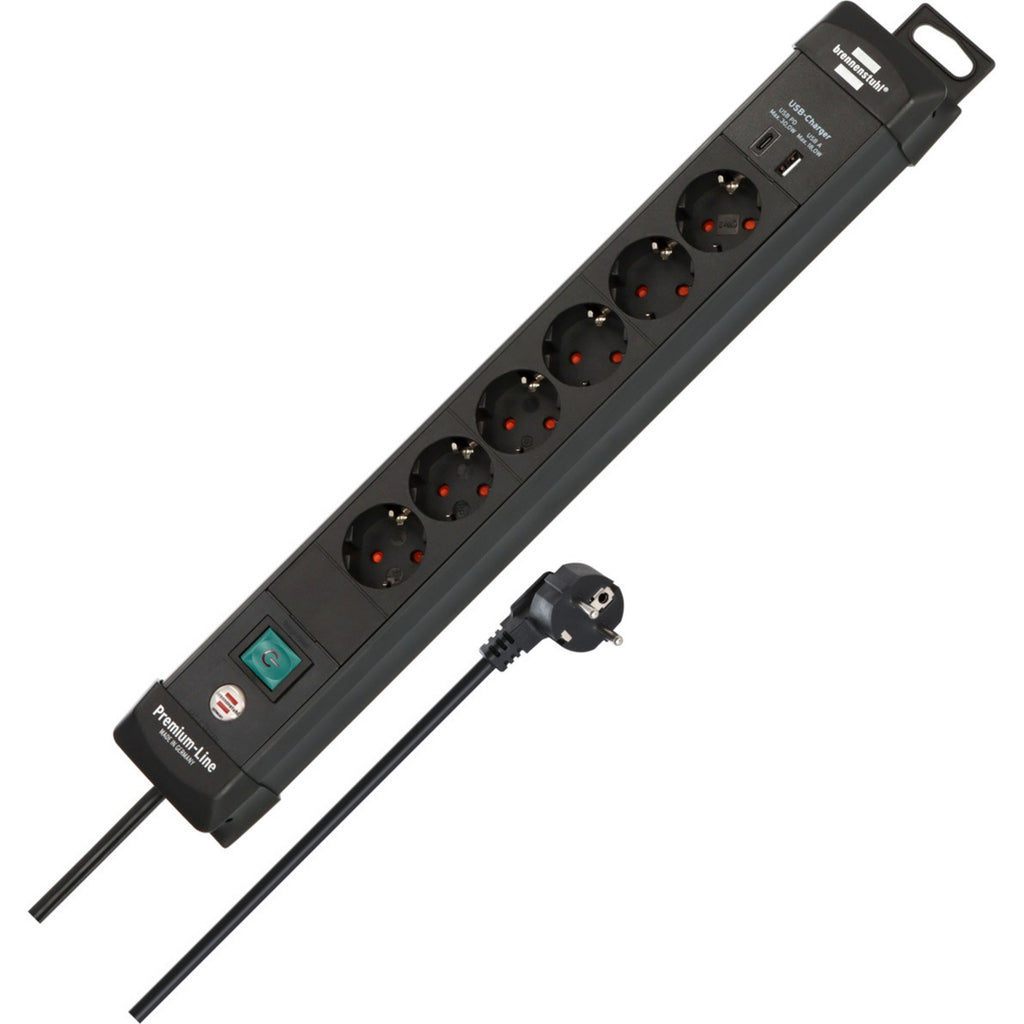 Brennenstuhl premium-line stekkerdoos 6-voudig met usb c pd 30w en usb a 18w stekkerdoos (zwart, 1x usb-a, 1x usb-c)