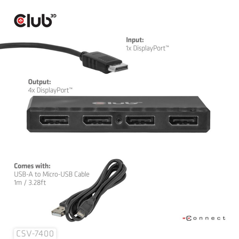 Club 3d displayport quad monitor hub mst 4x 4k30hz displayport splitter (zwart)